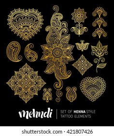 Vector illustration of golden mehndi pattern. Traditional indian style, ornamental floral elements for henna tattoo, golden stickers, flash temporary tattoo, mehndi and yoga design, cards and prints