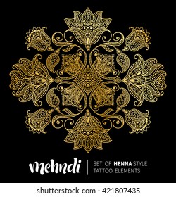 Vector illustration of golden mehndi pattern. Traditional indian style, ornamental floral elements for henna tattoo, golden stickers, flash temporary tattoo, mehndi and yoga design, cards and prints