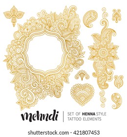 Vector illustration of golden mehndi pattern frame. Traditional indian style, ornamental floral elements for henna tattoo, gold stickers, flash temporary tattoo, mehndi, yoga design, cards and prints