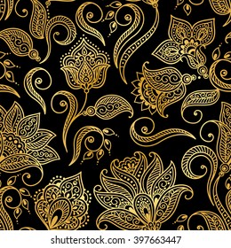 Vector illustration of golden mehndi seamless pattern. Traditional indian style, ornamental floral elements with henna tattoo, golden stickers, mehndi and yoga design, cards and prints