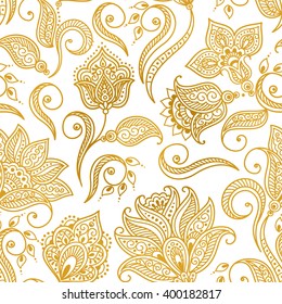 Vector illustration of golden mehndi seamless pattern. Traditional indian style, ornamental floral elements for henna tattoo, golden stickers, mehndi and yoga design, cards and prints