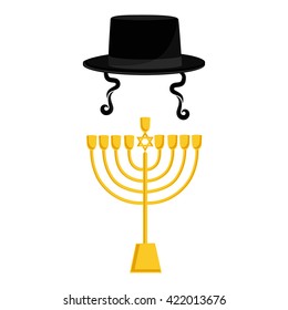 Vector illustration golden menora or menorah usually used at Hanukkah celebrations. Menorah with David star jewish symbol. Black cylinder hat. Orthodox jewish hat with sideburns. Judaism symbols