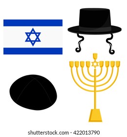 Vector illustration golden menora or menorah usually used at Hanukkah celebrations. Menorah with David star jewish symbol. Orthodox jewish hat with sideburns. Jerusalem flag