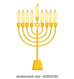 Vector illustration  golden menora or menorah with burning candles usually used at Hanukkah celebrations. Menorah with David star jewish symbol