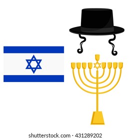 Vector illustration golden menora or menorah usually used at Hanukkah celebrations. Menorah with David star jewish symbol. Orthodox jewish hat with sideburns. Jerusalem flag