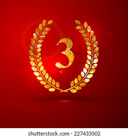 vector illustration of a golden metallic foil laurel wreath on the red vivid background with sparkles. 3 place