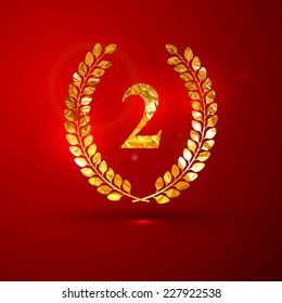 vector illustration of a golden metallic foil laurel wreath on the red vivid background with sparkles. 2 place