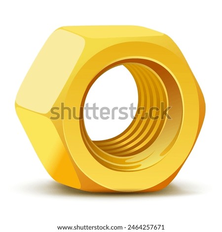 Vector illustration of golden metallic nut in isometric view isolated on white background