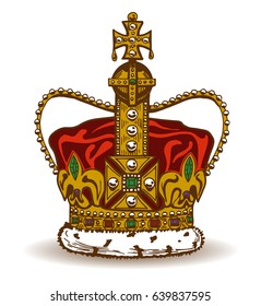 Vector illustration of golden monarchy crown with red velvet and sable fur, ornated with pearls, diamonds and other jewelry stones.