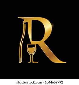 A Vector Illustration of Golden Monogram Letter R for Wine and Bottle Sign in black background
