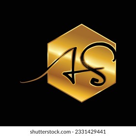Un vector Ilustración del logotipo del monograma dorado Letras iniciales AS en fondo negro con efecto de brillo dorado