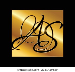 Un vector Ilustración del logotipo del monograma dorado Letras iniciales AS en fondo negro con efecto de brillo dorado