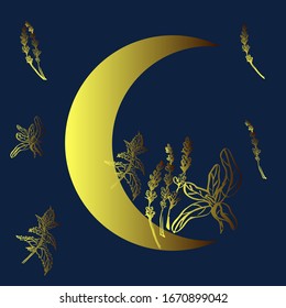 
 Vector, illustration of a golden moon on a blue background with a branch of flowers, herbs,  background for sites, covers, cards, banners,
Purple