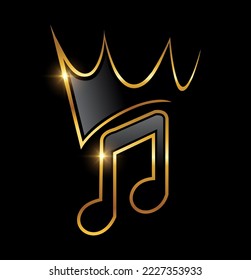 A vector Illustration of Golden Music Note with Crown Icon in black background with gold shine effect