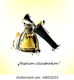 Vector illustration of golden nail polish. Gold style.  Fashion illustration. Beauty and fashion. 