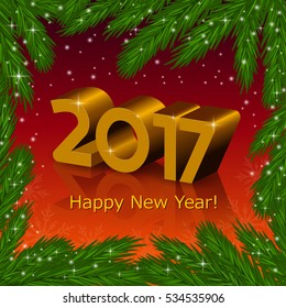 Vector illustration of golden New 2017 Year numbers with a fir tree frame