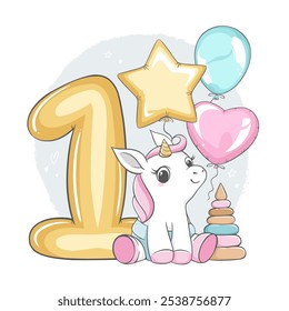 Vector illustration of golden number one with cute little unicorn and balloons isolated on white background. For kids parties, stickers, print, cards