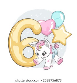 Vector illustration of golden number six with cute little unicorn and balloons isolated on white background. For kids parties, stickers, print, cards