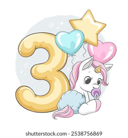 Ilustración vectorial de dorado número tres con lindo unicornio y globos aislados sobre fondo blanco. Para fiestas infantiles, pegatinas, impresión, tarjetas