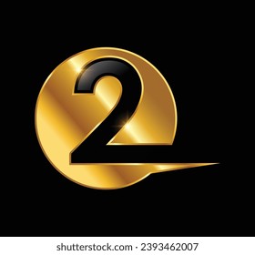 A vector illustration of Golden Number Two Logo vector Icon in black background with gold shine effect