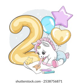 Vector illustration of golden number two with cute little unicorn and balloons isolated on white background. For kids parties, stickers, print, cards