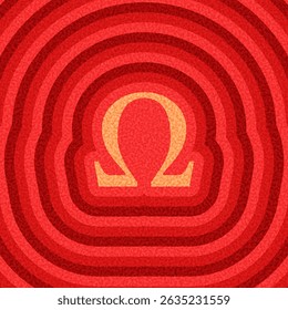 Vector illustration of a golden omega icon centered in bold red concentric ripple lines with a stylized textured design.