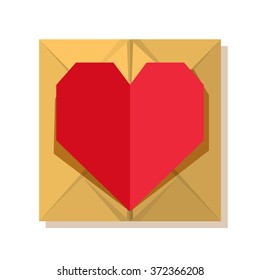 Vector illustration: golden origami box with red heart symbol for Valentine's Day decoration isolated on white background