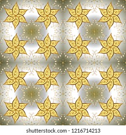 Vector illustration. Golden ornamenta pattern on gray, neutral and yellow colors with golden elements. Ornamenta damask classic golden pattern. Vector abstract background with repeating elements.