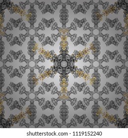 Vector illustration. Golden ornamental pattern on gray, black and brown colors with golden elements. Vector abstract background with repeating elements. Ornamental damask classic golden pattern.