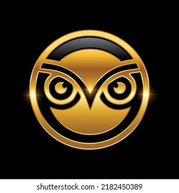 A vector illustration of Golden Owl Head Symbol Logo Sign in black background with gold shine effect