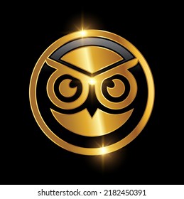 A vector illustration of Golden Owl Head Symbol Logo Sign in black background with gold shine effect