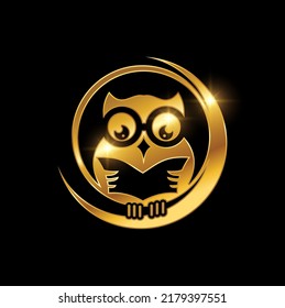 A vector Illustration of Golden Owl Symbol Logo Sign in Black Background with Gold Shine Effect