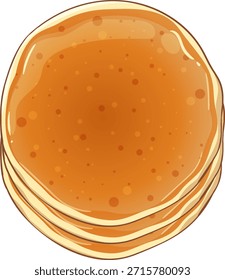 Ilustração vetorial da pilha de panquecas douradas com xarope, vista de cima para baixo, sombreamento suave, tons quentes