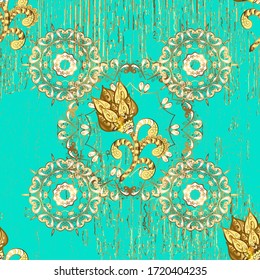Vector illustration. Vector golden pattern. Blue and beige colors with gold elements. Seamless golden textured curls. Oriental style arabesques.