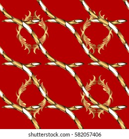 Vector illustration. Golden pattern. Golden pattern on red background with golden elements. Seamless textured curls. Oriental style arabesques.