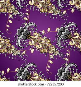 Vector illustration. Vector golden pattern. Oriental style arabesques. Purple, black and white colors with golden elements. Ornamental golden textured curls.