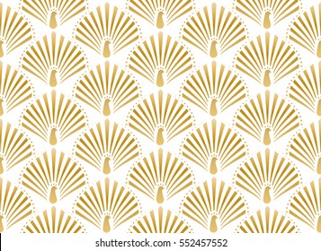 Vector illustration of golden peacock in white background seamless pattern in art deco style