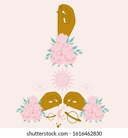 vector illustration with golden planets and floral hands, perfect to use on the web or in print