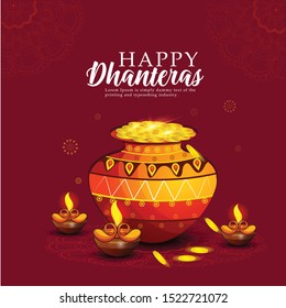 vector illustration of golden pot Gold coin in pot on Happy dhanteras Holiday background for light festival of India