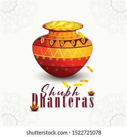 vector illustration of golden pot Gold coin in pot on Happy dhanteras Holiday background for light festival of India