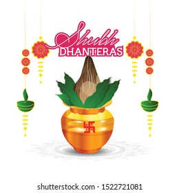 vector illustration of golden pot Gold coin in pot on Happy dhanteras Holiday background for light festival of India