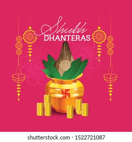 vector illustration of golden pot Gold coin in pot on Happy dhanteras Holiday background for light festival of India