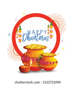 vector illustration of golden pot Gold coin in pot on Happy dhanteras Holiday background for light festival of India