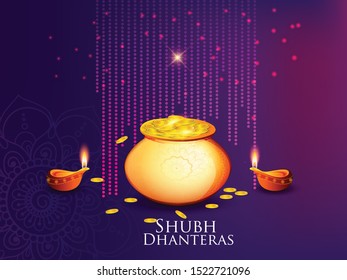 vector illustration of golden pot Gold coin in pot on Happy dhanteras Holiday background for light festival of India