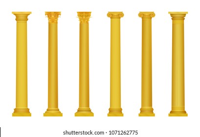 Vector illustration of golden realistic high detailed greek roma ancient columns. Luxury gold column.