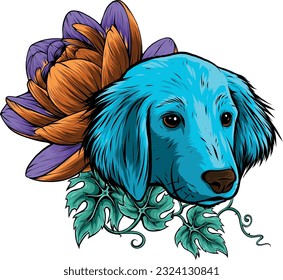 vector illustration of Golden Retriever head with floral
