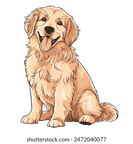 Eine Vektorillustration eines Golden Retrievers, die glücklich ausdrückt. Der Hund ist dem Betrachter zugewandt und vor weißem Hintergrund abgebildet.