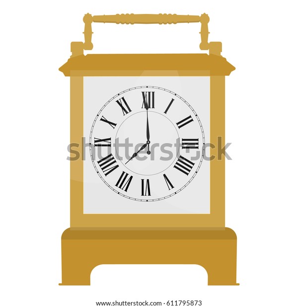 Vector illustration golden,\
retro carriage clock with Arabic numerals isolated on white\
background.