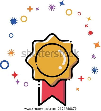 Vector illustration of a golden rosette icon. Symbol of success, winner. Line drawing, cute icon with red ribbon.
