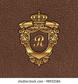 Vector illustration - golden royal coat of arms embossing on a leather